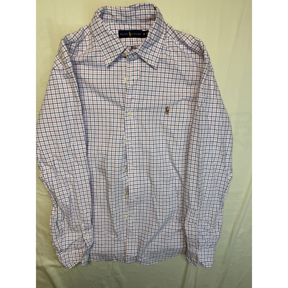 Ralph Lauren Shirt‎ Mens M Pink Blue Plaid Long Sleeve Button Down Brown Pony